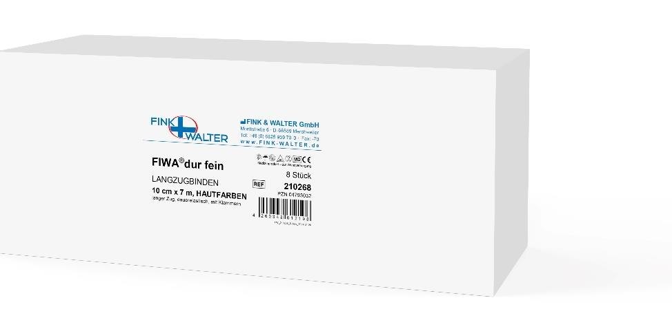 Fink & Walter FIWA®dur fein – Langzugbinden 12cm x 7m, hautfarben, mit Klammer, dauerelastisch, langer Zug, hautfarben, Pckg. à 8 Stück / 8 St. (REF 210269) / PZN: 04793049