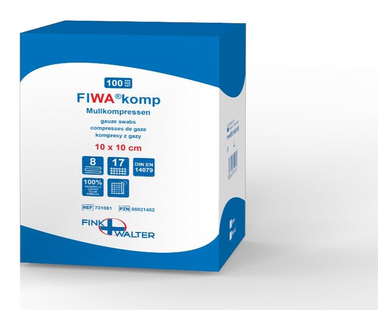 Fink & Walter FIWA®komp – Mullkompressen 10x10cm, 12-fach, VM 17 DIN 14079 BW (Pckg. à 100 Kompressen) / 100 St. (REF 731071) / PZN: 08821469