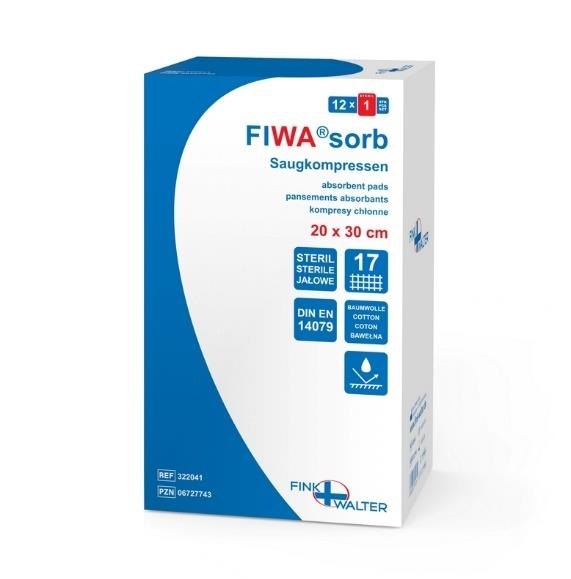 Fink & Walter FIWA®sorb – Saugkompressen steril 20x30cm, mit einer Mullumhüllung VM 17 DIN 14079 BW, Btl. à 1 Stück (Pckg. à 12 Btl.) / 12 St. (REF 322041) / PZN: 06727743