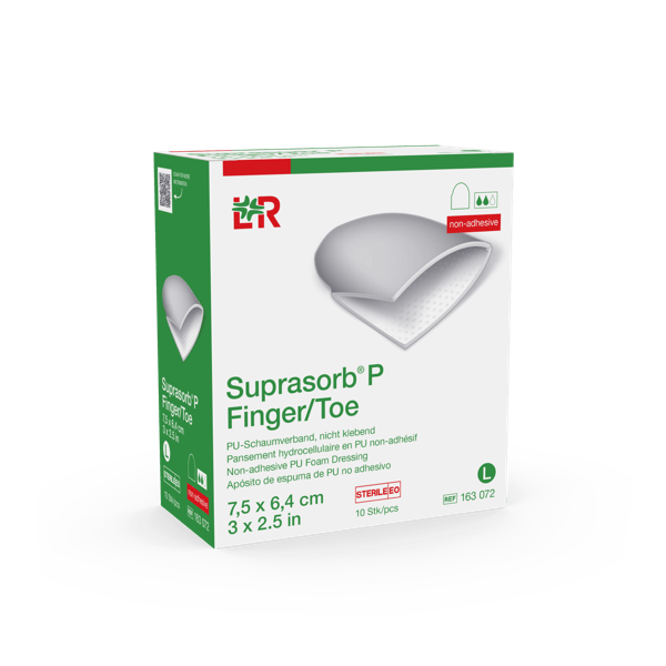 Suprasorb P PU-Schv Finger/Toe nk steril Umfang:10,6cm, Länge:7,5cm, Gr.L, 10 Stk (REF 163072) / PZN: 19284000