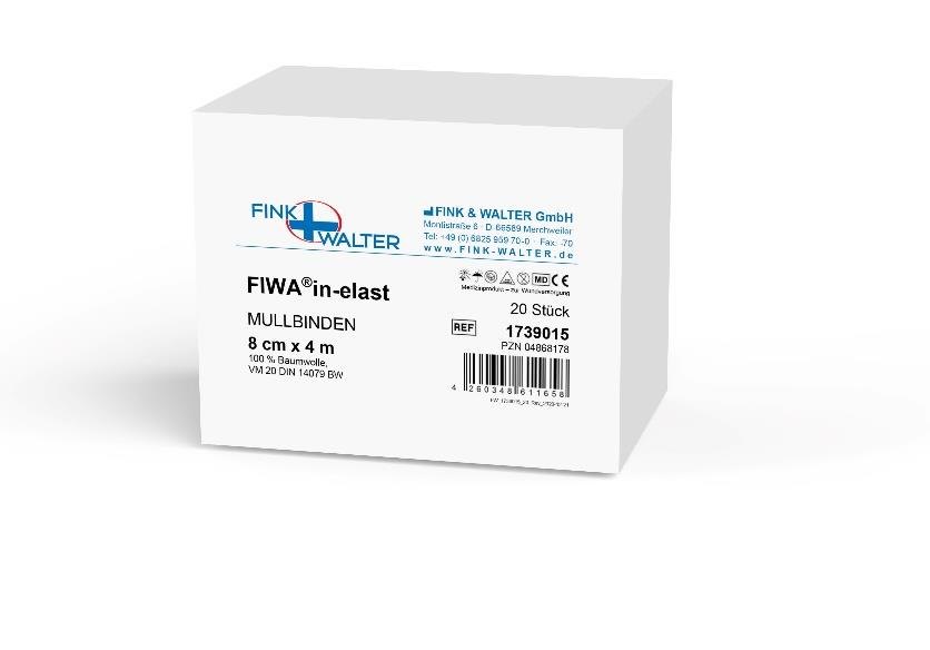 Fink & Walter FIWA®in-elast – Mullbinden 10cm x 4m nackt, 100% Baumwolle, starr, 20-fädig, VM 20 DIN 14079 BW, Pckg. à 20 Stück / 20 St. (REF 1739017) / PZN: 04868215
