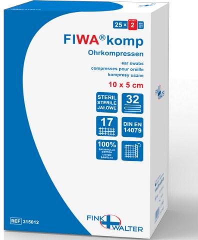 Fink & Walter FIWA®komp – Ohrkompressen steril 10x5cm, 32-fach, VM 17 DIN 14079 BW, Pckg. à 25x2 Stück / 50 St. (REF 315012)