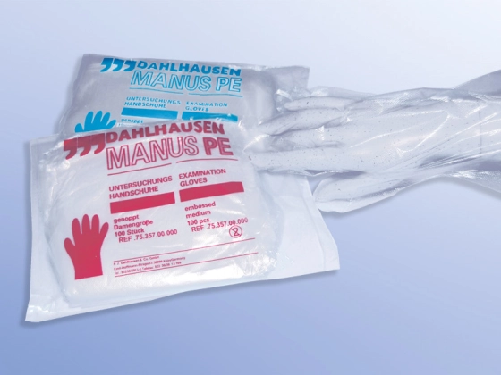 Dahlhausen Untersuchungshandschuhe PE genoppt, Polybeutel, Damen, zum Einmalgebrauch / 100 St. p.P. / REF: 7535700000 / PZN: 00593879