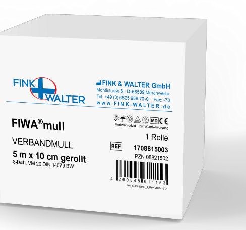 Fink & Walter FIWA®mull – Verbandmull gerollt 10m x 10cm, 8-fach, VM 20 DIN 14079 BW / 1 St. (REF 1708815004) / PZN: 08821819