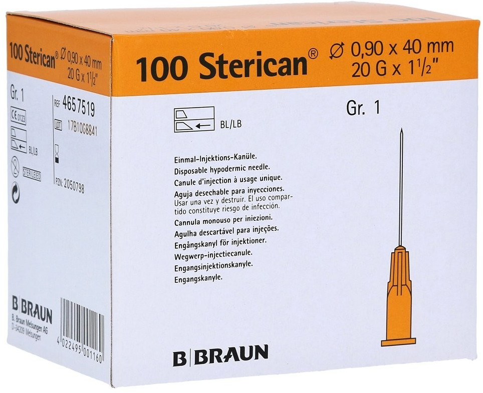 Sterican® Kanülen / Gr.1, 20G x 1 1/2" / 0,90x40 mm / gelb / PZN: 02050798 (Nachfolger -> PZN: 18746591)