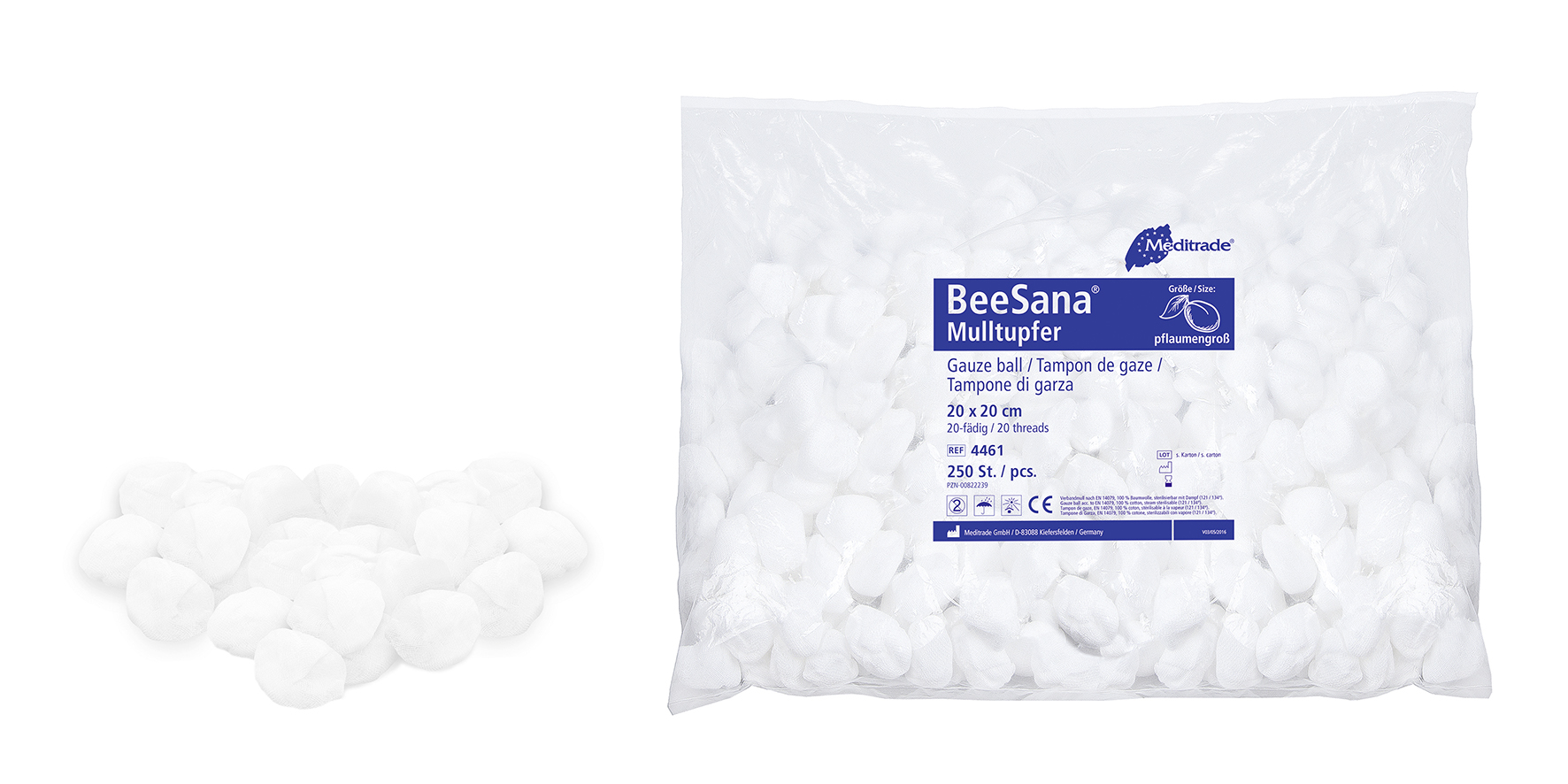 Meditrade® BEESANA® Mulltupfer / walnussgroß / steril / 45x (2+3 Stück) = 225 St. p.P. / PZN: 13506830